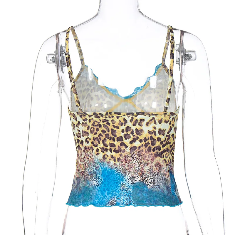 

Autumn Leopard Printing Cross Lace Cami Tops Vintage Ruffles Tie Dye Backless Cropped Tops Party Outfits 90s Chic