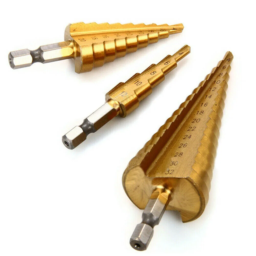 

Steel Step Cone Drill Metal Hole Cutter 4-32/20/12mm + Pouch Large Golden 3PCS