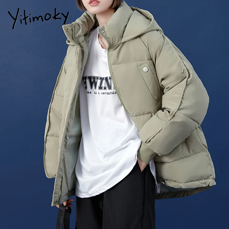 

Yitimoky Women Coat Hooded 2021 Winter Thick Cotton Padded Coats Zippers Solid Warm Parkas Stand Collar Single-breasted Oversize