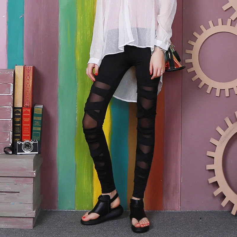 Women's leggings Black mesh patchwork tight-fitting leggings pants high-waisted slim capris leggings pants for outer wear