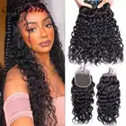 Волнистые человеческие волосы, пучки с застежкой, кружевная застежка, Remy бразильские волосы, натуральные волнистые 34 пряди с застежкой, наращивание волос