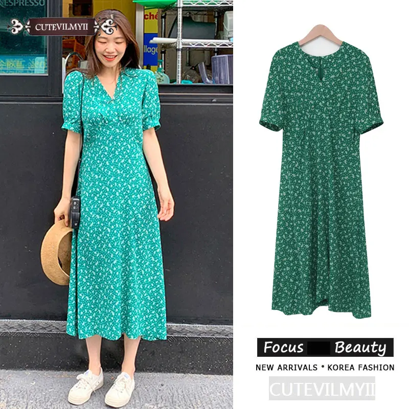 Женское винтажное платье с коротким рукавом повседневное свободное зеленое до