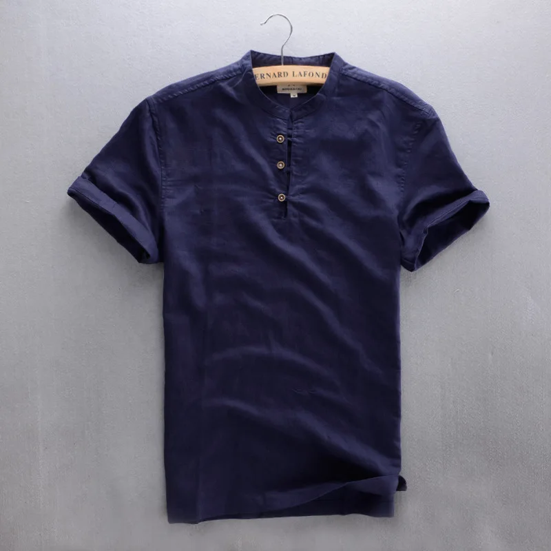 

sleeve Men's short Summer Linen Shirt white sky blue Mandarin Collar botton casual shirt breathable cotton linen shirt for men