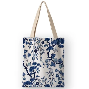 Холщовая Сумка на плечо с цветочным принтом AKB01099, Женская Цветочная Сумочка, Экологически чистая многоразовая сумка для покупок, большая емкость с карманом