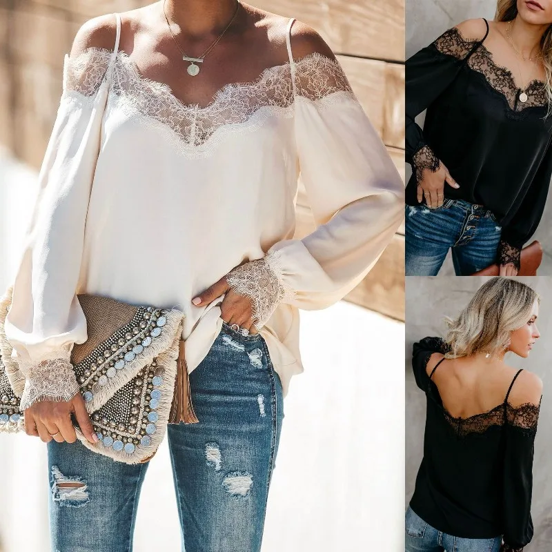 

Женская кружевная шифоновая футболка с открытыми плечами и длинным рукавом