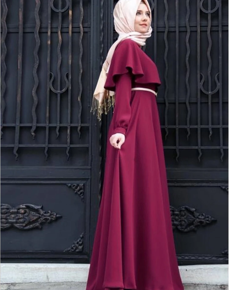 wine red Платье размера плюс с поясом мусульманское абайя ТРАПЕЦИЕВИДНОЕ Макси платье женское гофрированное большое свободное платье кимоно кафтан поклонение Исламская одежда - Цвет: wine red