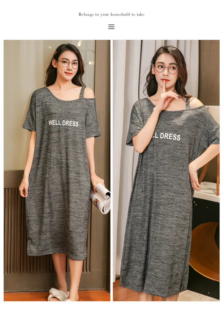 Spring Summer Stripe Loose Short Sleeve Women's Nightdress Thin Fashion Nightgown & Sleepstirts Home Wear Sleepwear Mid-Calf