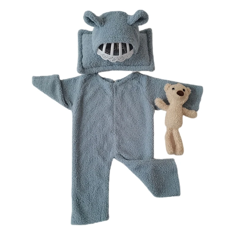 

D0AF Newborn Baby 4Pcs Photography Props Infant Long Sleeve Romper Jumpsuit and Hat Bear Doll Pillow Thicken Warm Plush Outfits