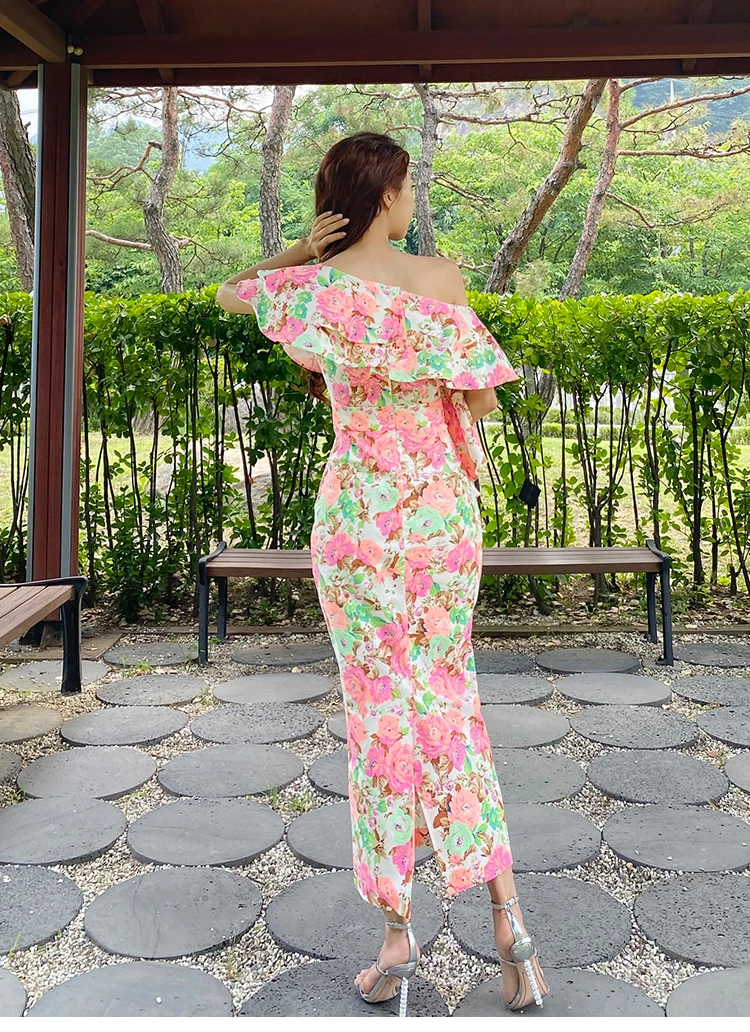 

High Quality Print Floral Women Slash Neck Off the Shoulder Long Dress Vestidos 2020 Newest Summer Plus Size Long Dresses XL