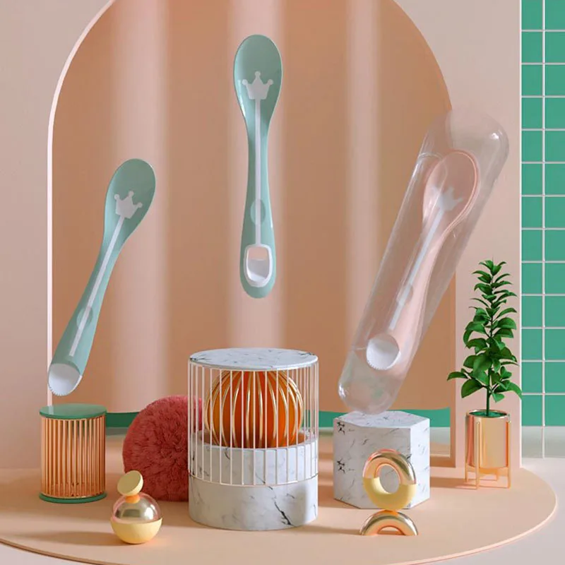 

2Pcs/Set Cute Cartoon Baby Feeding Spoons Portable Fruit Vegetable Mud Scraper Multipurpose Children Feeding Utensils