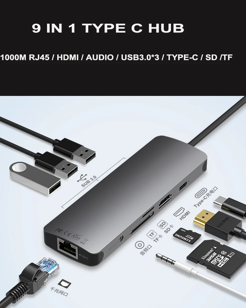 9 портов в 1 Usb C концентратор мультипортовый адаптер для MacBook Pro Tablet mobile Huawei Xiaomi Dell