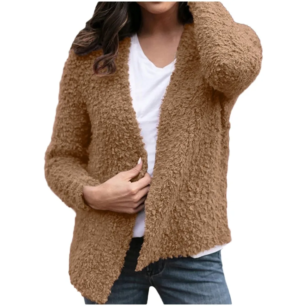 Женское теплое однотонное короткое пальто с открытой передней частью осенне