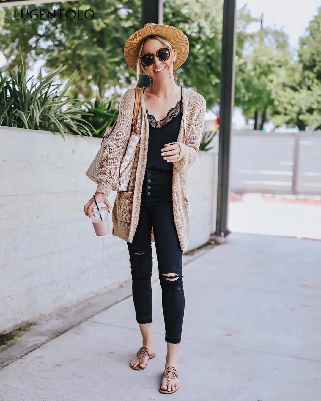 

Women Sweater Eleagnt New Loose Knitted Cardigan Solid Color Pocket Loose Lugentolo Lady Casual Sweaters