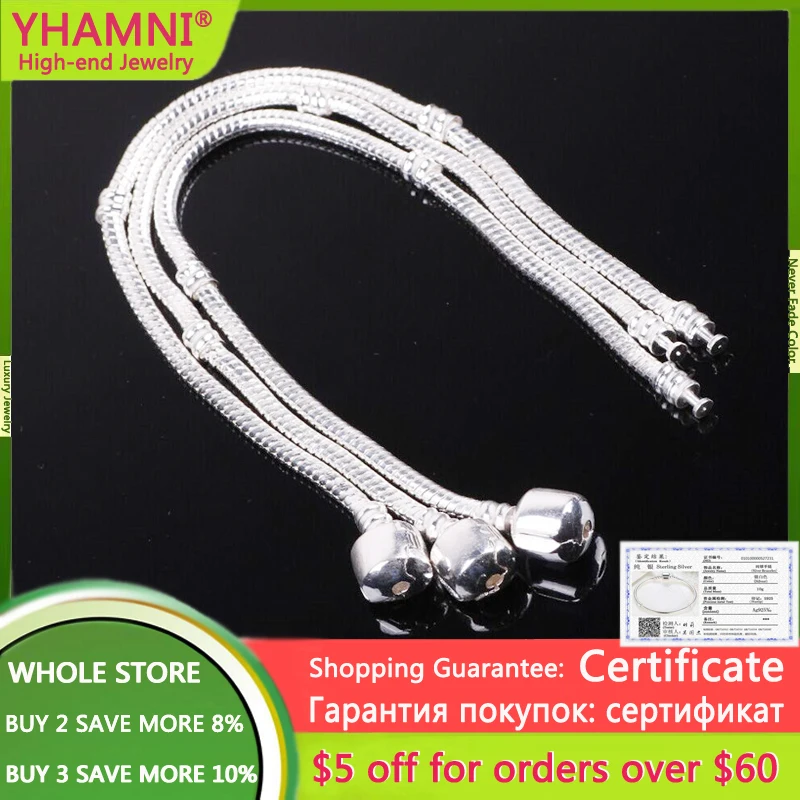 

YHAMNI With Certificate Real 925 Solid Silver Snake Chain Fine Bracelet Fit European Charm Bracelet For Women DIY Jewelry Making