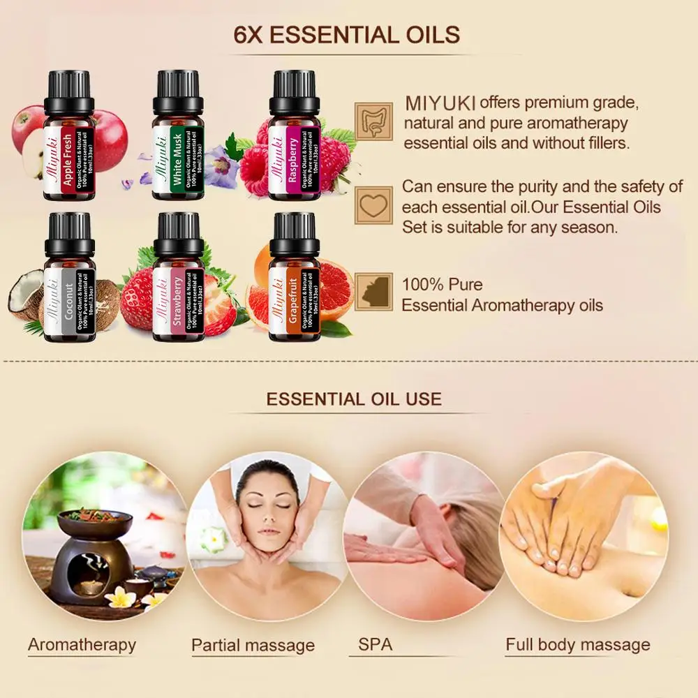10ML 6pcs Gift Set Pure Essential Oil Diffuser Humidifier Massage Aromatherapy Apple White Musk Raspberry Coconut Strawberry | Красота и