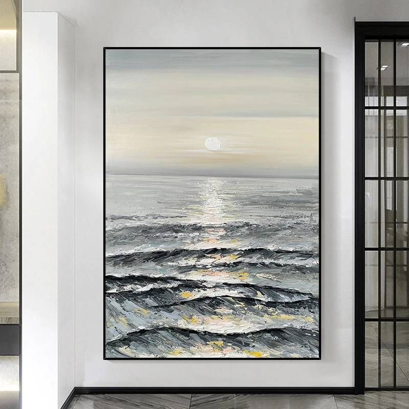 

3D Abstract Sunrise By Ocean Sea Landscape Hand-Painted Oil Painting On Canvas Wall Hang Art Home Decoration Luxury No Framed