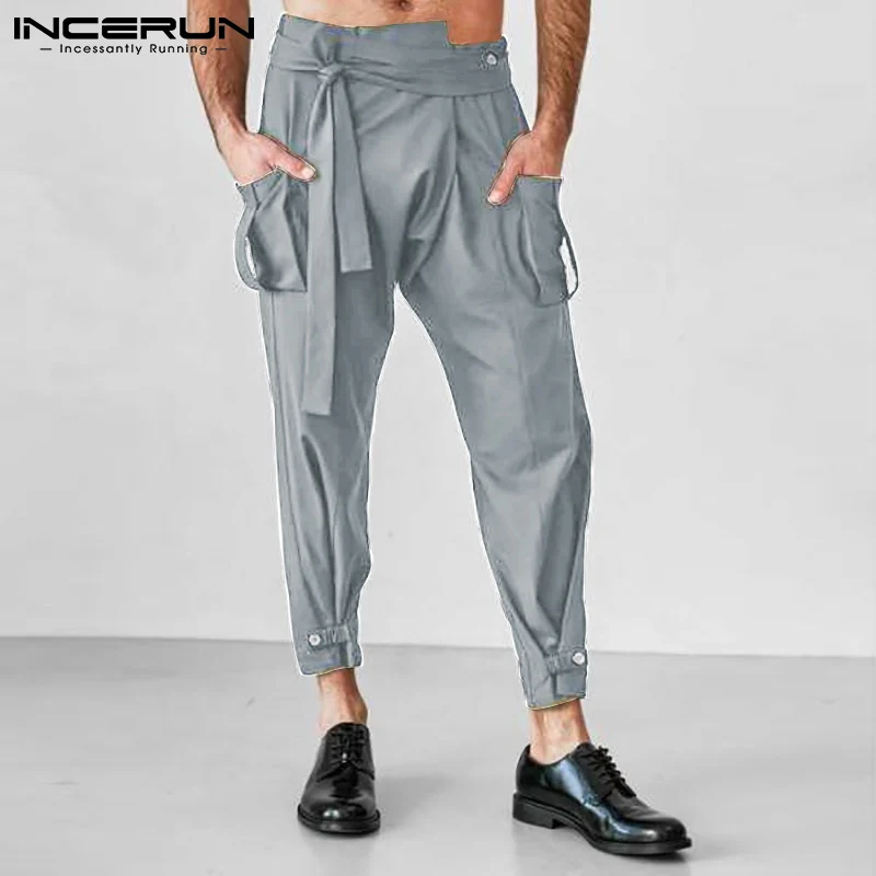 

INCERUN Fashion Men Pants Joggers Lace Up Solid Color Irregular Trousers Streetwear Pockets 2021 Casual Pantalones Hombre S-5XL