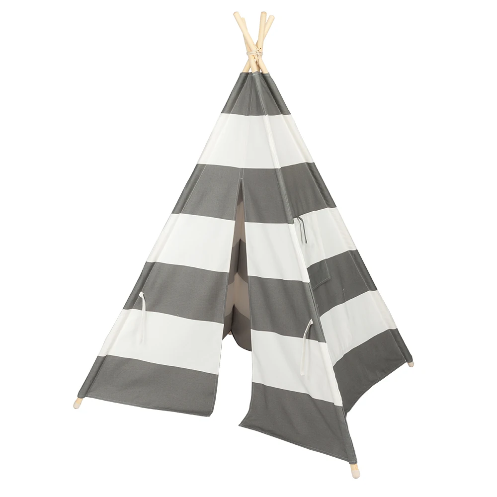 

【US Warehouse】4pcs Wooden Poles Teepee Tent for Kids Gray and White Stripes