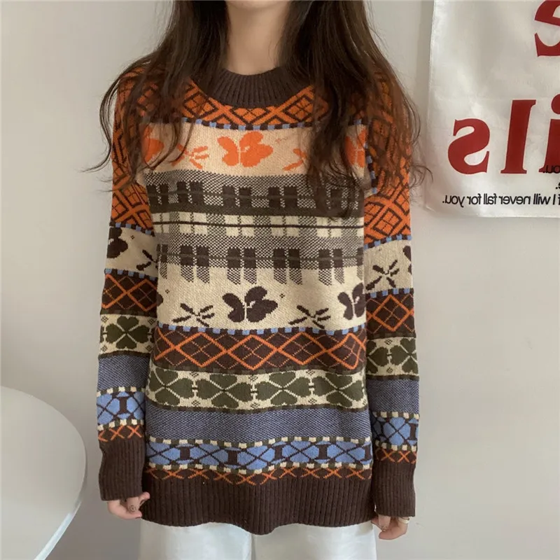 

Свитер оверсайз, в стиле ретро, зимний, плотный, свободный, универсальный, трикотажный, 2020