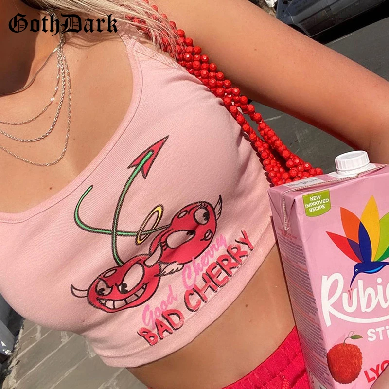 Женский кружевной топ Goth Dark розовый сетчатый облегающий с мультяшным принтом