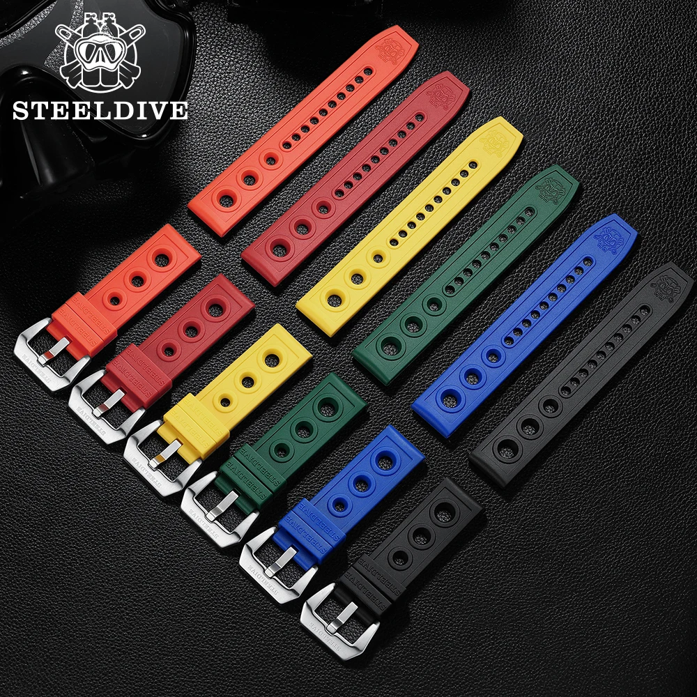 SD2201 STEELDIVE Design Men Diver Watch Official Rubber Strap Orange/Black/Green/Blue/Red/Yellow 20MM/22MM Width Strap Blue Hole