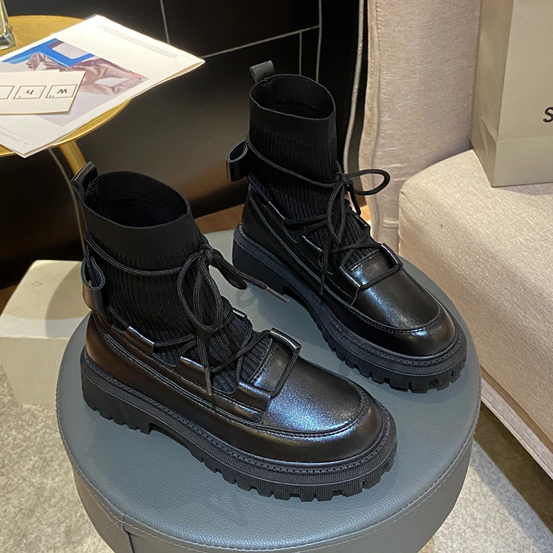 

Winter Women Martins Platform Motorcycle Ankle Boots Leather Black Designer Socks Shoes