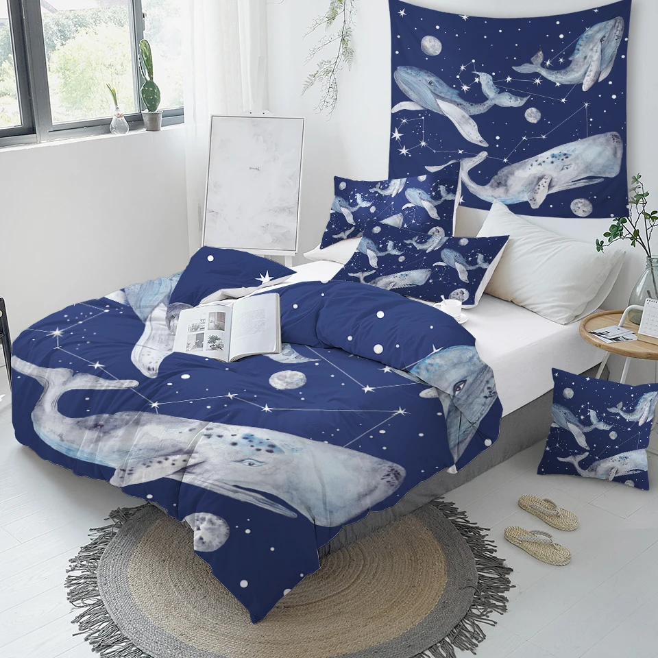 BeddingOutlet Whale Bedding Set Sea Animals Comforter Cover Universe Watercolor Home Textiles Constellation Stars Bed Set 3pcs