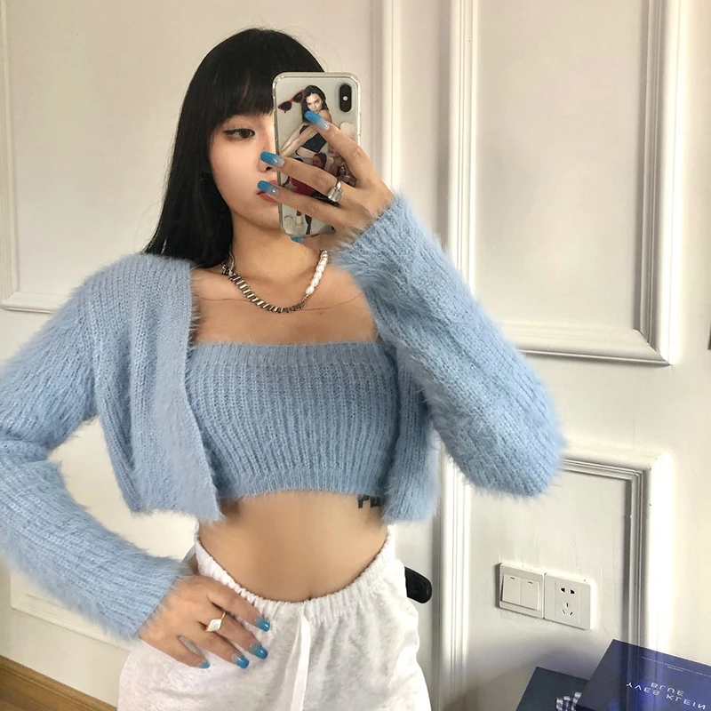 

Two Autumn Winter 2021 Piece Sweater Women Crop Top And Cardigan Sexy Elegant Ladies Tops Korean Knitting Clothes Fake Mink Fur