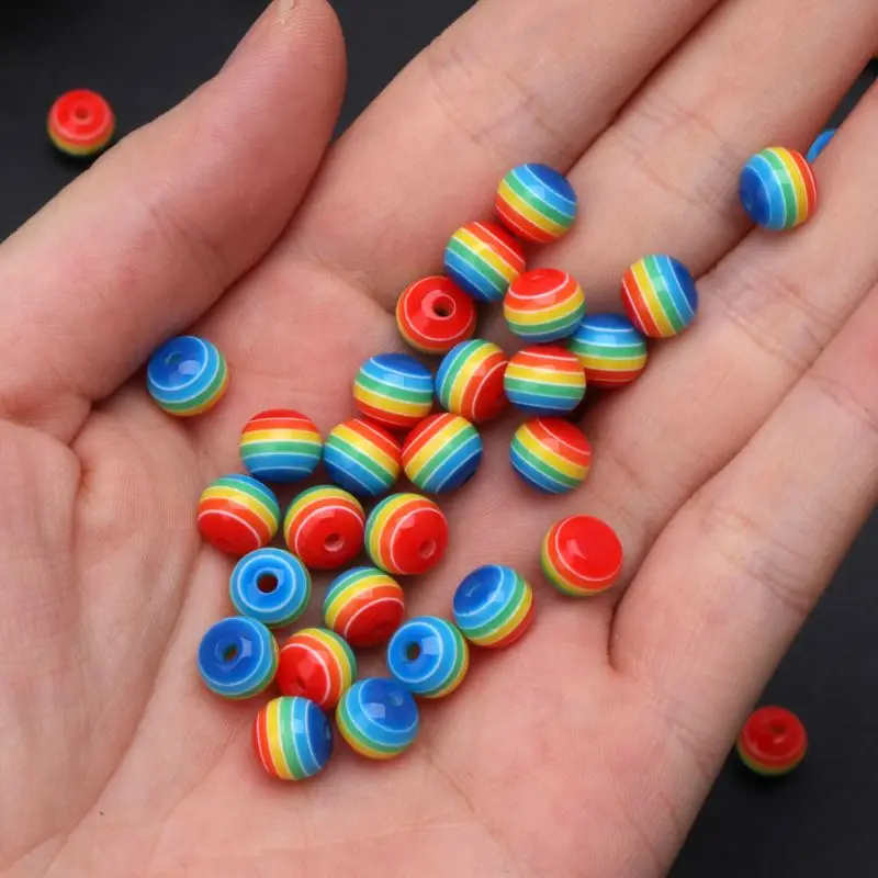 

100Pcs Rainbow Striped Line 8mm Round Plastic Acrylic Resin Beads Jewelry Making E15E