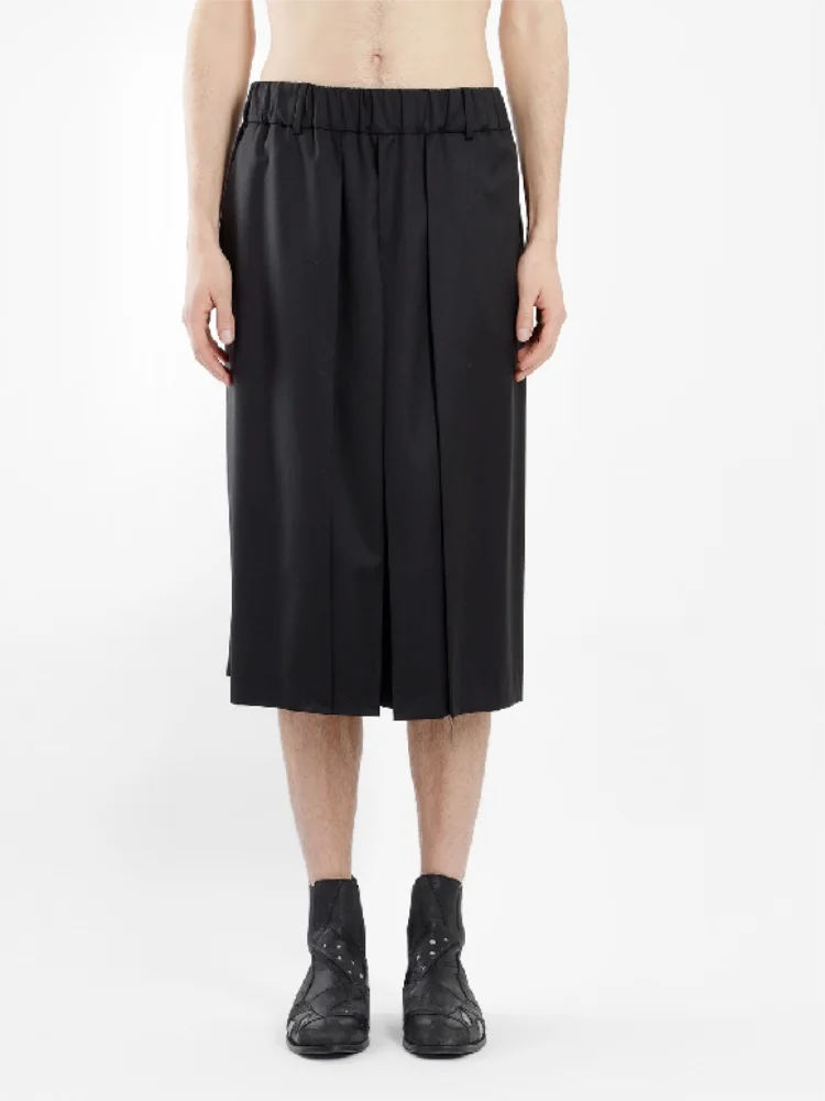 Men's Trouser Skirt Summer New Black Elastic Waist Wide Pleat Design Youth Fashion Trend Wide Leg Short Trouser Skirt