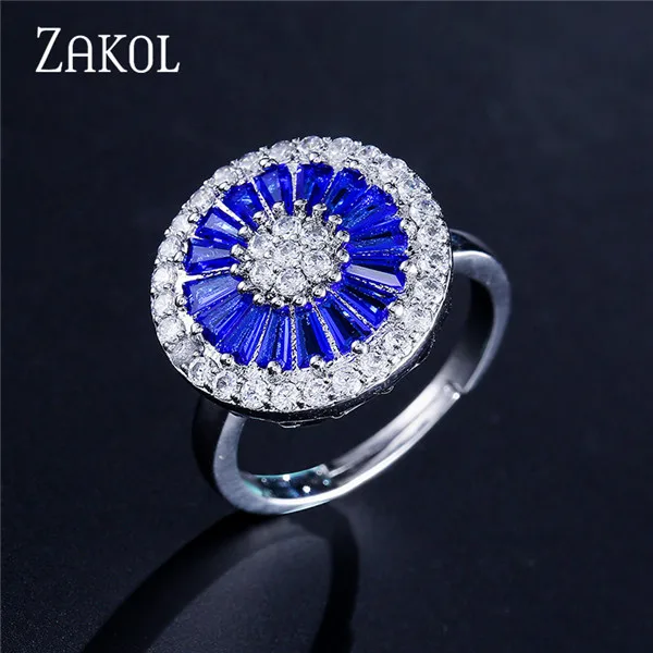 Blue Ring ZAKOL высокое качество CZ Кристалл Женская мода ювелирные изделия блестящий круглый кубический циркон ожерелье серьги кольцо ювелирные изделия для невесты набор FSSP2013 - Окраска металла: Blue Ring