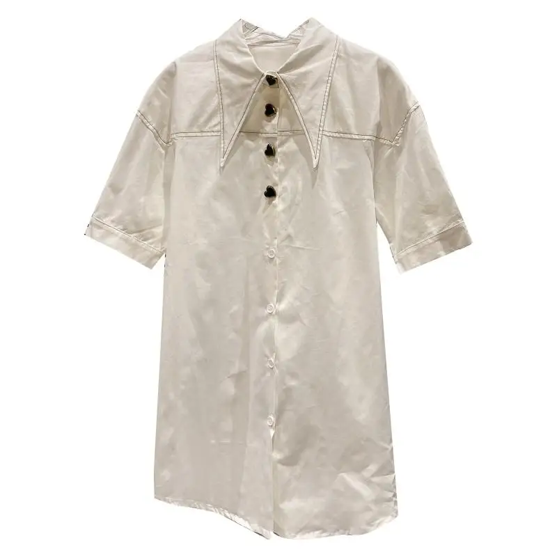 

Women's Short Sleeve Oversized Blouses 2021 Summer Heart Buckle Loose Button Up Shirt Female Straight White Top