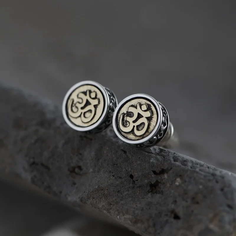 

Real 925 Sterling Silver OM Mantra Stud Earrings For Women and Men Retro Antique Style Six-Word Sutra Buddhism Jewelry