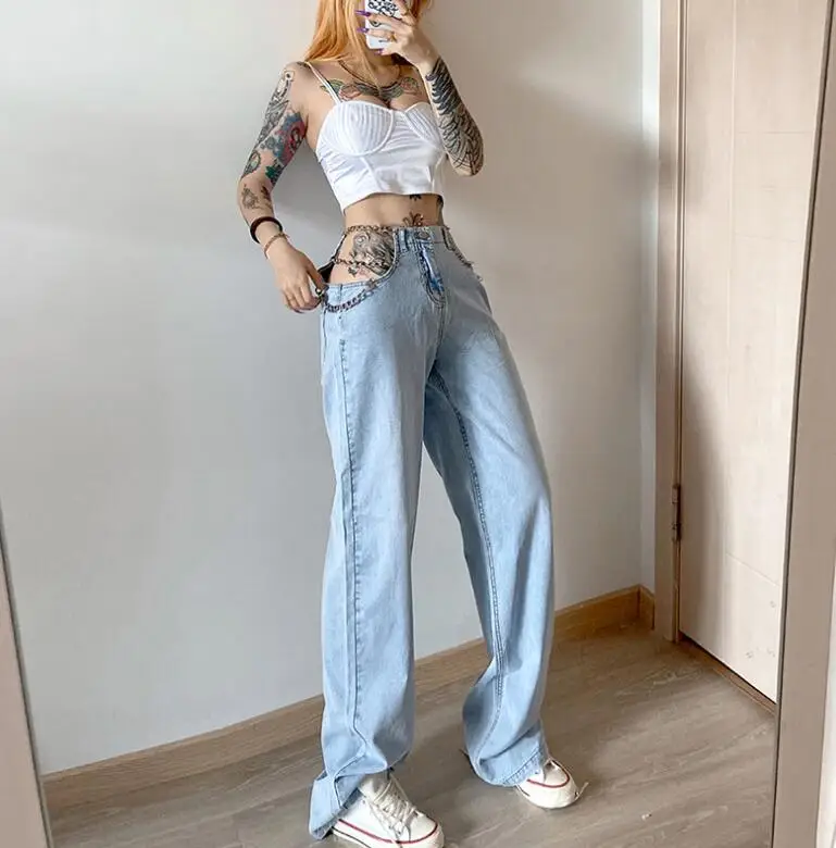 

Ladies New High Waist Loose Chain Wide Leg Casual Jeans