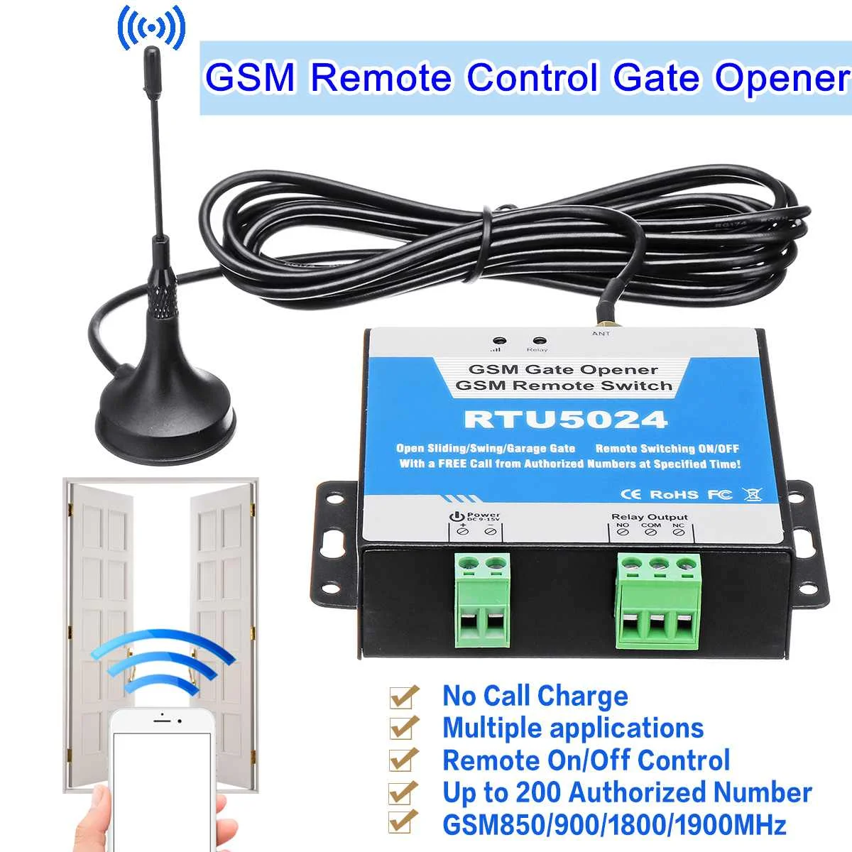 

RTU5024 GSM Gate Opener Relay Switch Remote Control with Long Antenna Wireless Door Opener Free Call SMS 850/900/1800/1900MHz