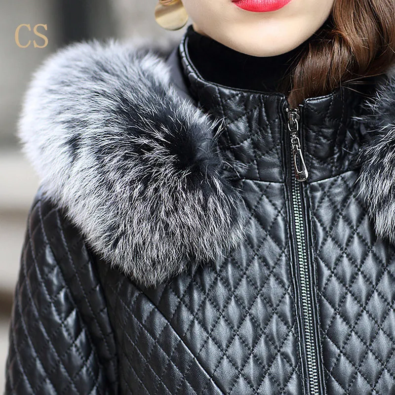 2021 genuine leather female sheepskin maxi long duck down coat jacket with fox fur hooded black oversized plus 2xl 3xl 4xl xxxxl