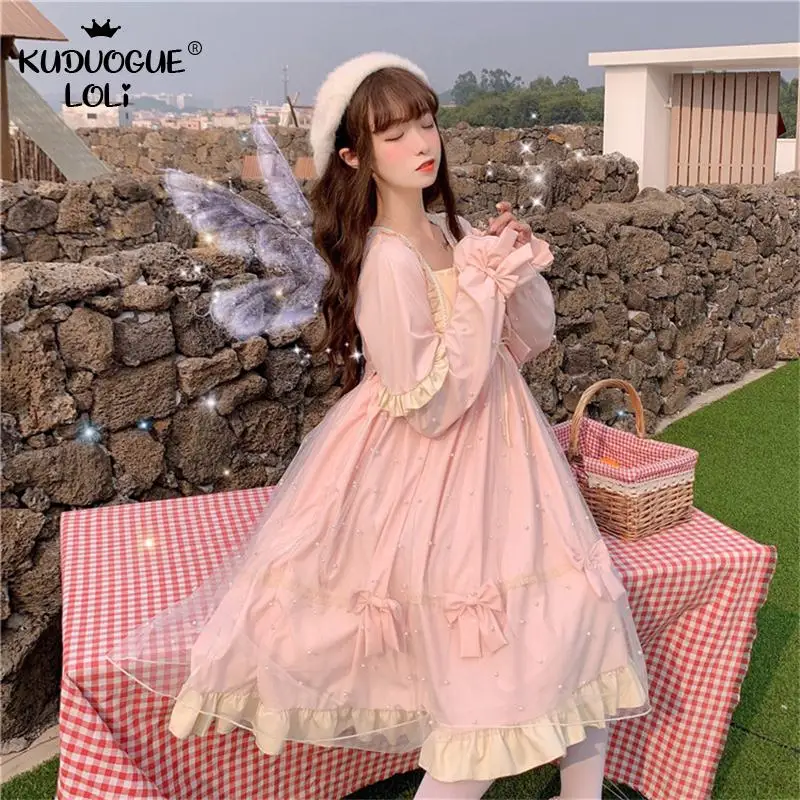 Милое розовое и синее платье лолиты милое японское Сетчатое принцессы с бантом