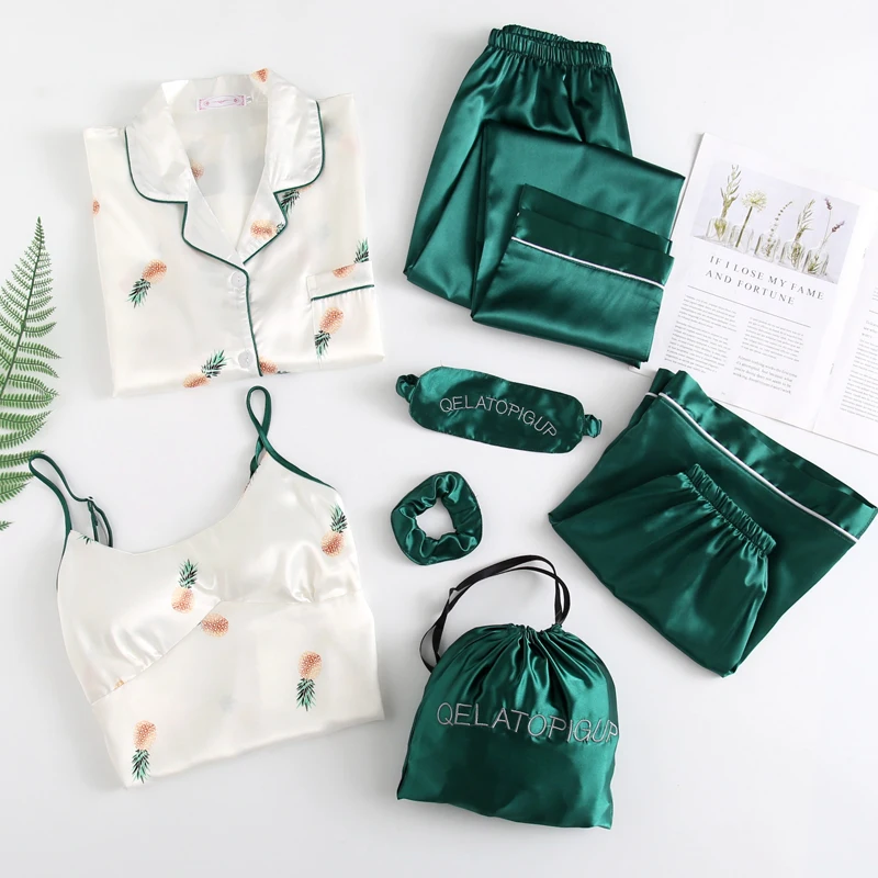 

Summer Autumn 7 Pcs Set Silk Elegant 2019 Women Pajamas Print Shorts Long Sleeve Top Elastic Waist Pants Full Sleepwear Set
