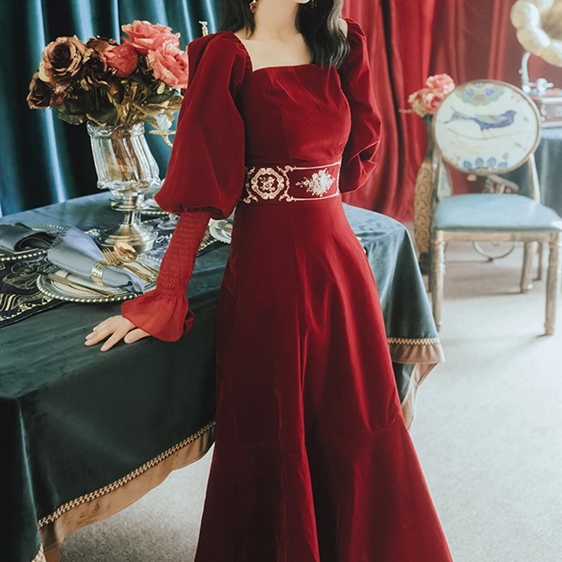 

YAMDI solid red square collar a-line vintage spring elegant coctail long lantern sleeve 2020 party midi dress women boho dres