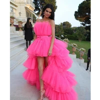 new high low prom dresses with detachable train unique tiered tulle skirt evening dress hot pink fuchsia formal party gowns