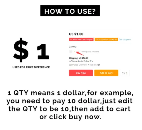 

1 dollar payment link for Price difference& Customized order