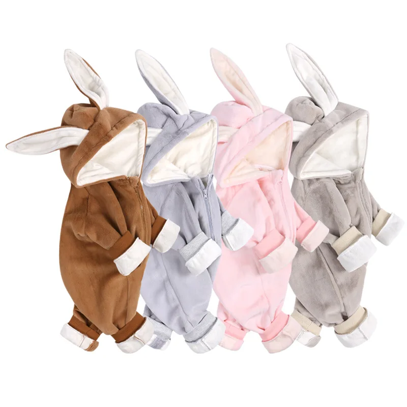 

Комбинезон для мальчиков и девочек, зимний, однотонный, с капюшоном и длинными кроличьими ушками, на молнии, 2021