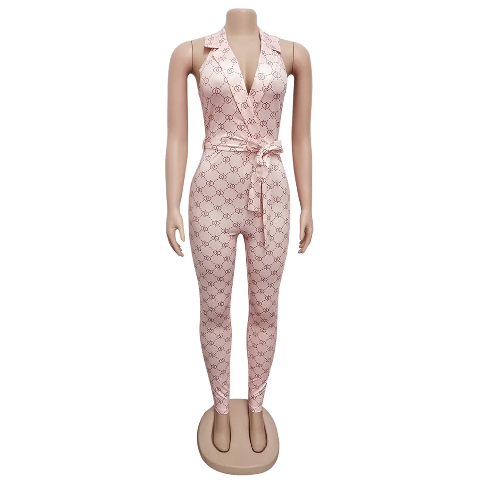 

CYGM 2020 Summer Autumn Rompers and Jumpsuits for Women Sexy Plaid Halter Temperament Commute Tight With Belt Jumpsuit