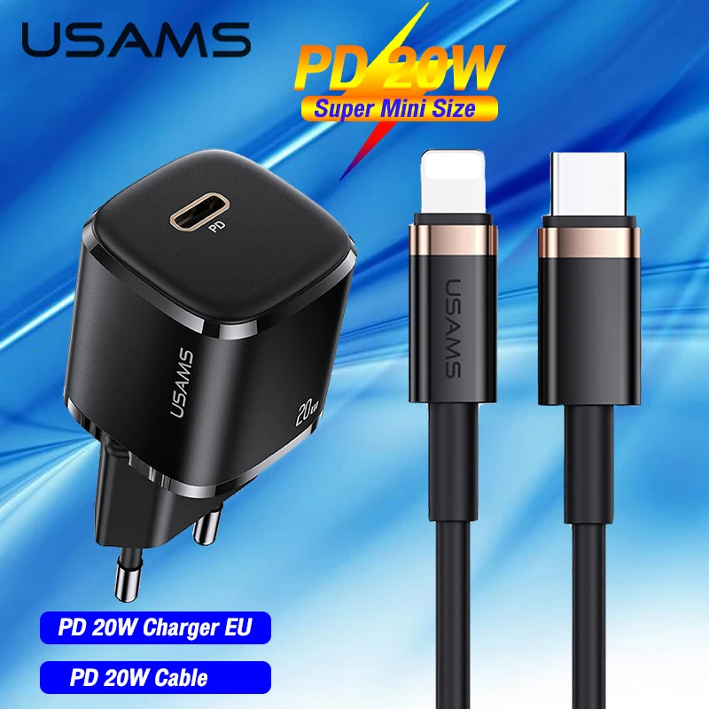 

USAMS PD 20W Mini Phone Charger And Type C To Lightning Cable Kit For iPhone 12 Mini Pro Max iPad Pro Fast Charging Charger