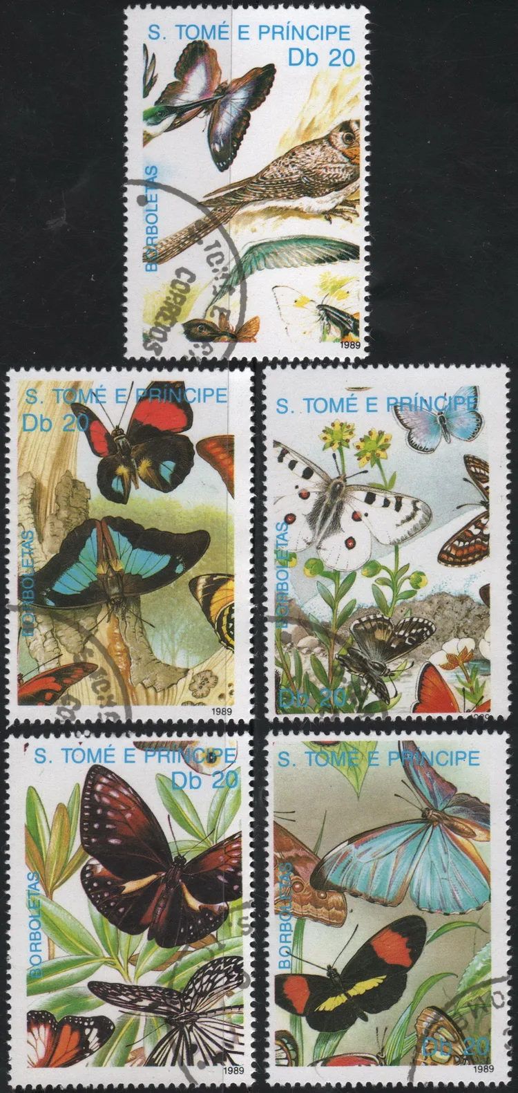 

5Pcs/Set Sao Tome and Principe Post Stamps 1989 Butterfly Used Post Marked Postage Stamps for Collecting