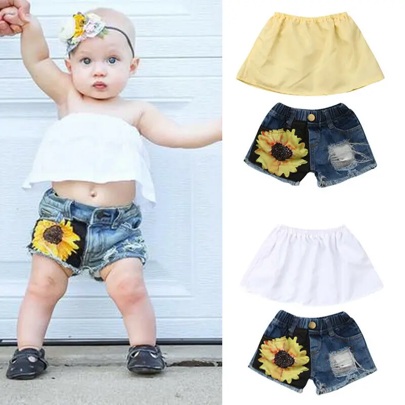 Модный летний комплект одежды с подсолнухами для маленьких девочек однотонный