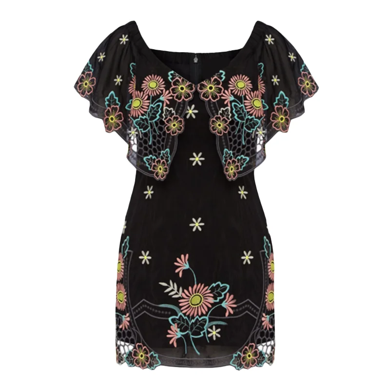 

GALCAUR Embroidery Dress For Women Slash Neck Short Sleeve Printed Hit Color High Waist Mini Dresses Female 2021 Summer Clothing