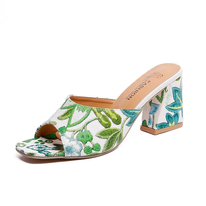 

2021 brand elegant Print chunky Heels Summer women's Shoes Woman Sandals leisure slippers comfortable Open toe Slip-On Slides
