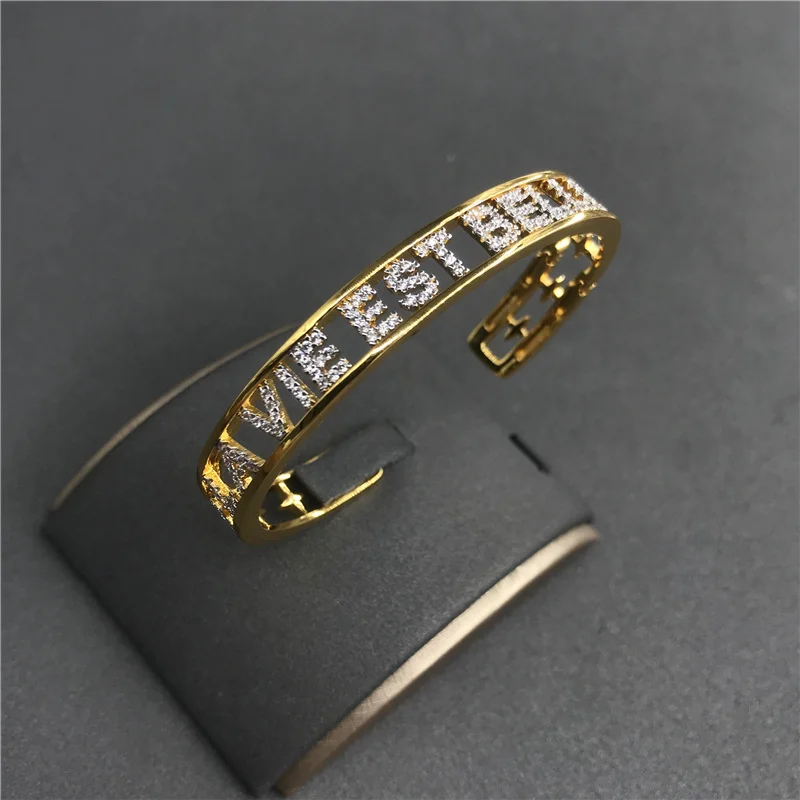 

100%925 Sterling Silver New Golden Yellow Hollow Letter Open Bracelet Female French Light Luxury Bohemian Style Jewelry