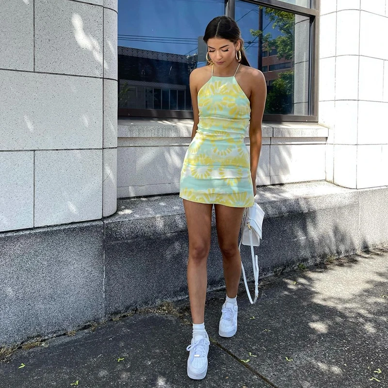 

Rapcopter Floral Mini Dress y2k Aesthetic Short Dress Vintage Backless Summer Prom Beach Halter Sundress Women Elegant Sexy 2021